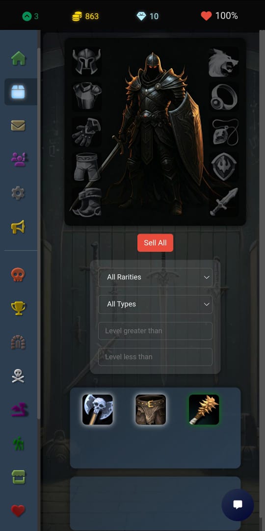 Arenium Mobile Inventory Screen